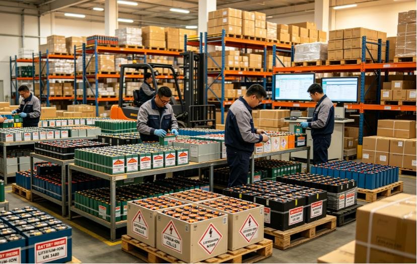 Wholesale battery distributor warehouse with replacement lithium-ion battery packs labeled with UN3480 standalone battery labels