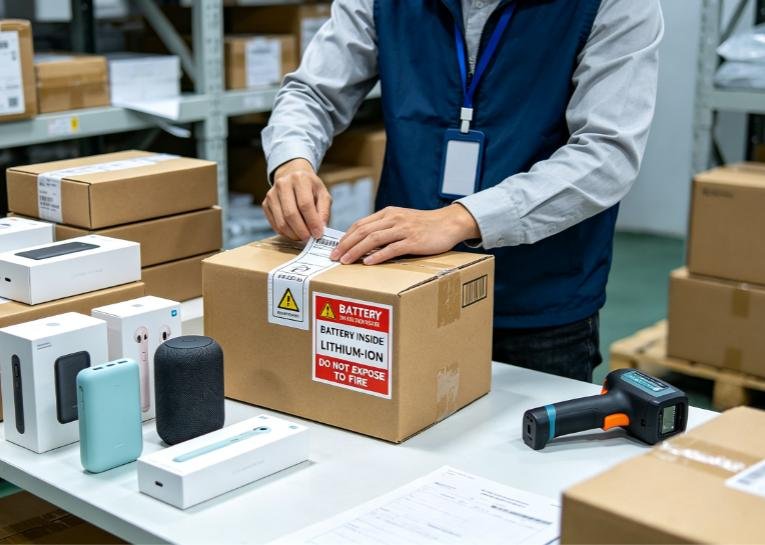 Amazon FBA warehouse worker applying UN3481 lithium battery labels to shipping boxes containing power banks and Bluetooth speakers