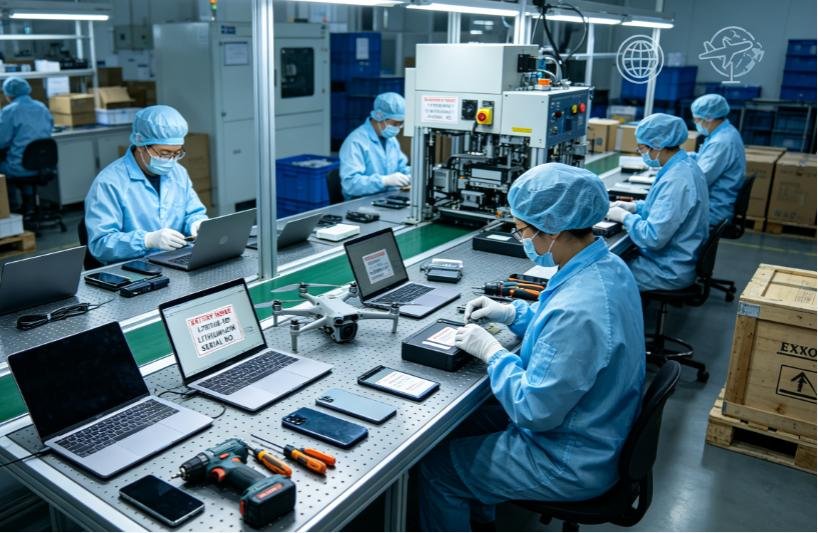 Factory floor showing pallets of laptops and drones with UN battery shipping labels on export cartons