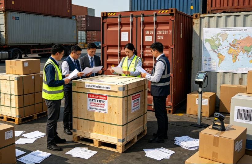 Freight forwarder applying Class 9 dangerous goods labels to consolidated cargo shipments at logistics hub