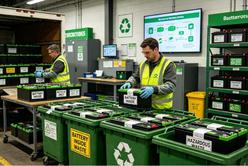 Battery recycling facility with hazardous waste transport containers marked with lithium battery warning labels
