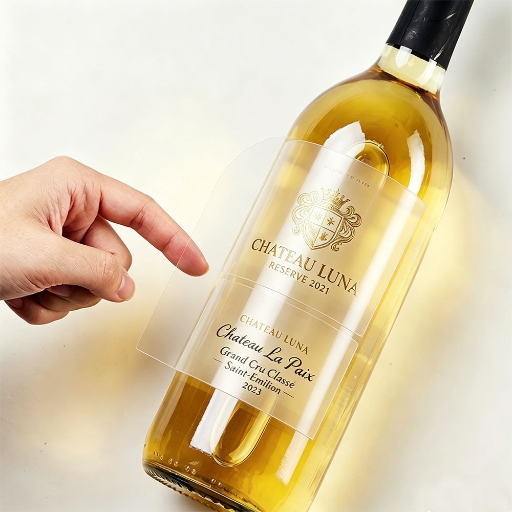 Clear transparent labels for modern minimalist wine branding