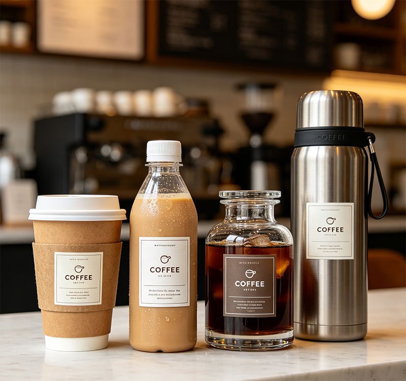 Waterproof adhesive labels for iced coffee bottles and hot cup sleeves
