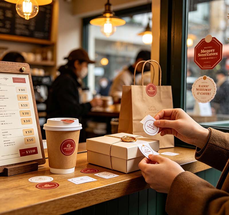 Promotional stickers for café cups, gift boxes and seasonal marketing campaigns