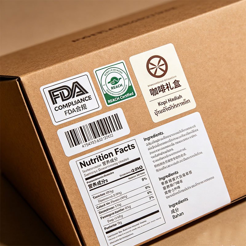 Multilingual compliance labels for international coffee export and e-commerce