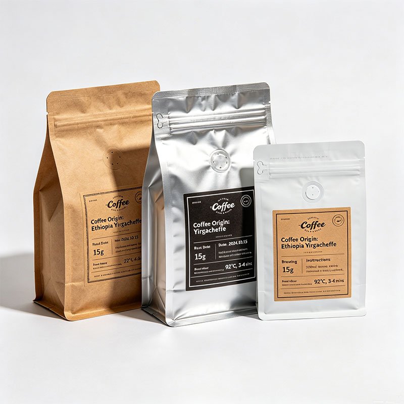 Branded stickers for retail coffee bean bags and stand-up pouches