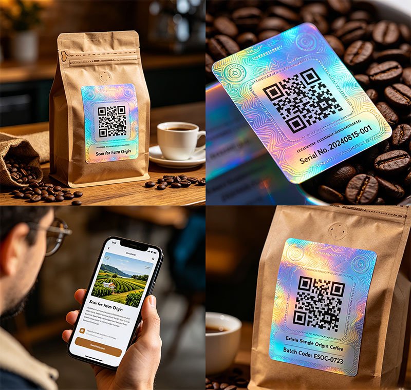 QR code traceability labels with anti-counterfeit security features for specialty coffee
