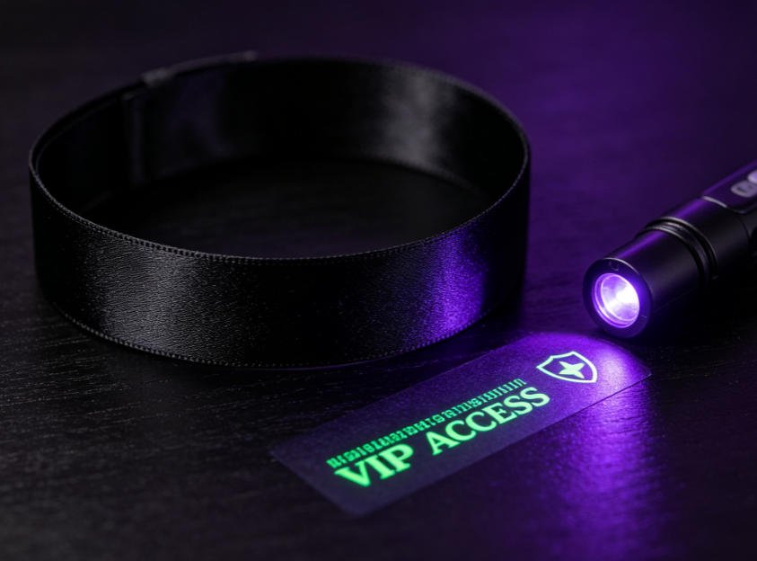 VIP wristband under UV light revealing hidden logo printed with invisible ink