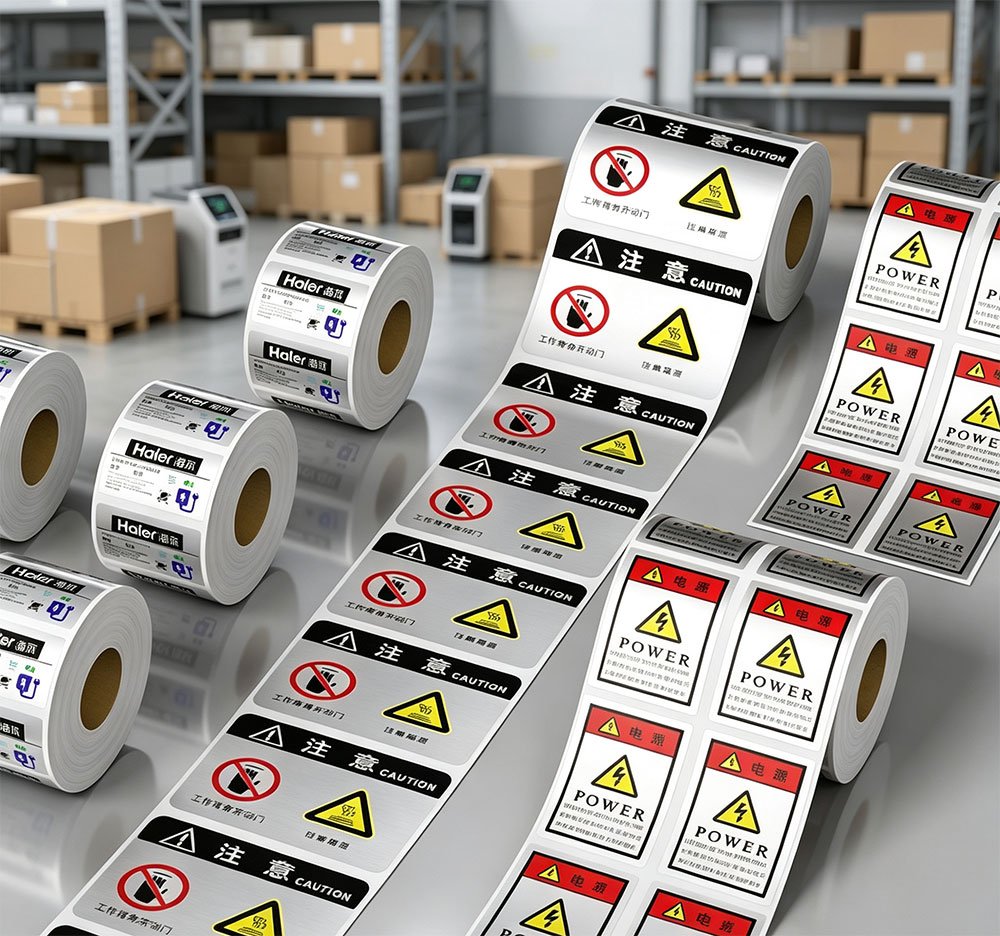 Custom printed battery hazard labels with company logo, barcode tracking, and multilingual safety warnings for OEM exporters