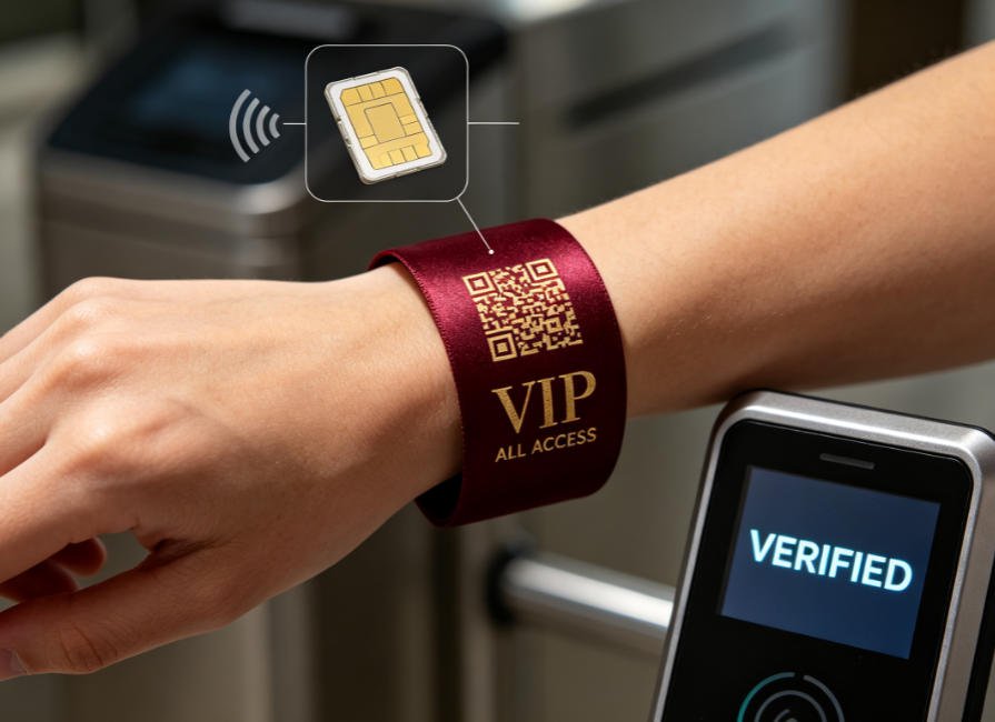 Handheld scanner reading encrypted QR and RFID chip on a satin VIP pass