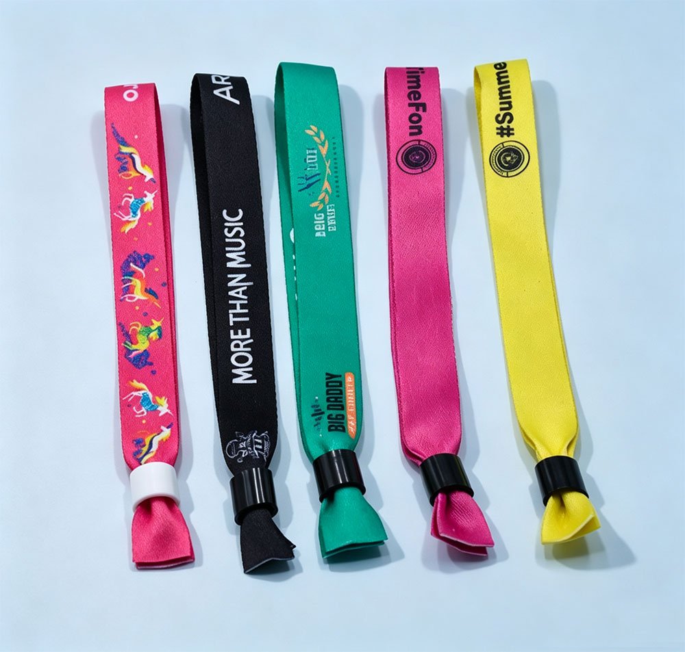 Full-color digital print exhibition wristband with sponsor logos and soft satin face